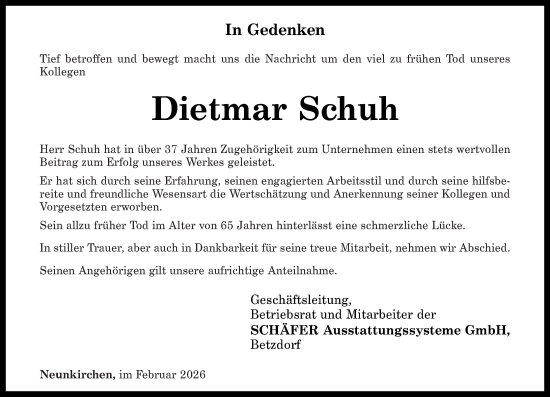 Traueranzeige von Dietmar Schuh von Rhein-Zeitung