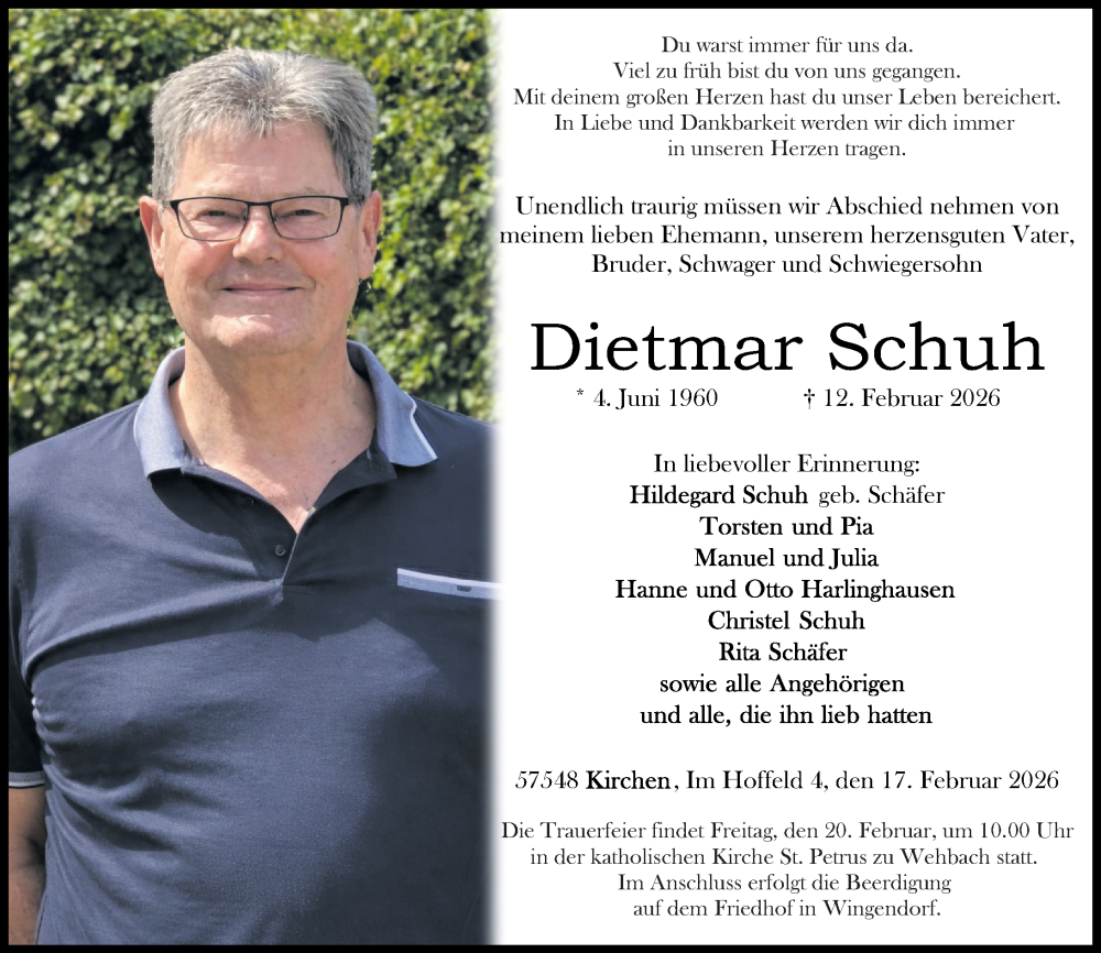  Traueranzeige für Dietmar Schuh vom 17.02.2026 aus Rhein-Zeitung