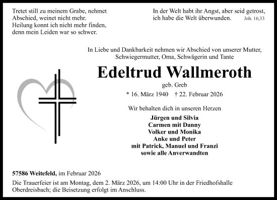 Traueranzeige von Edeltrud Wallmeroth von Rhein-Zeitung