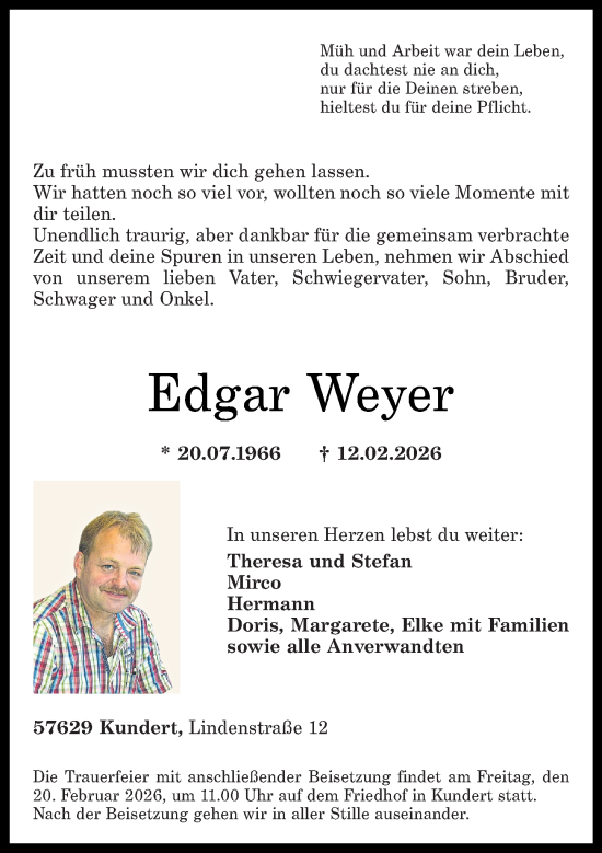 Traueranzeige von Edgar Weyer von Westerwälder Zeitung, Rhein-Zeitung