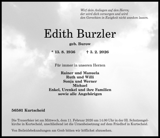 Traueranzeige von Edith Burzler von Rhein-Zeitung