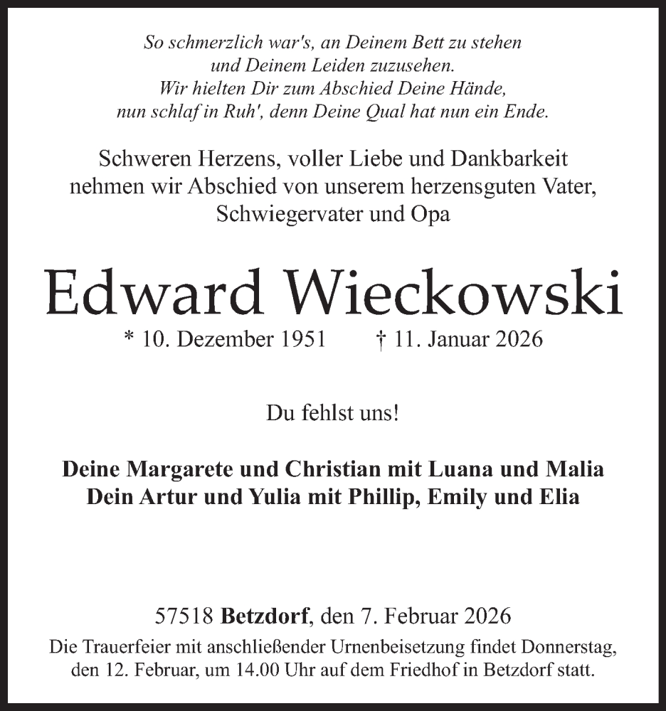 Traueranzeige für Edward Wieckowski vom 07.02.2026 aus Rhein-Zeitung