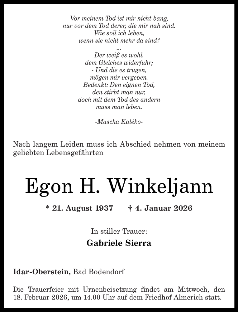  Traueranzeige für Egon H. Winkeljann vom 11.02.2026 aus Nahe-Zeitung