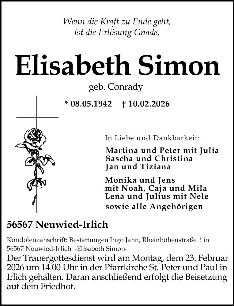  Traueranzeige für Elisabeth Simon vom 14.02.2026 aus Rhein-Zeitung