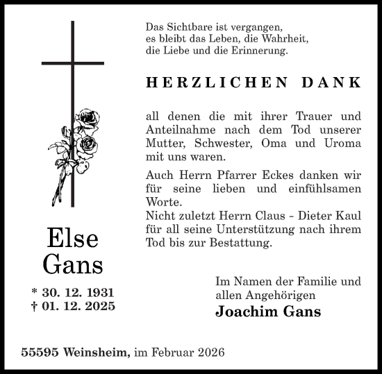 Traueranzeige von Else Gans von Oeffentlicher Anzeiger