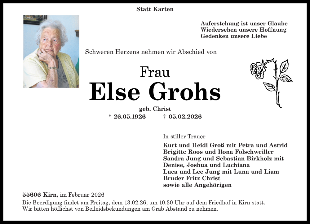  Traueranzeige für Else Grohs vom 10.02.2026 aus Oeffentlicher Anzeiger