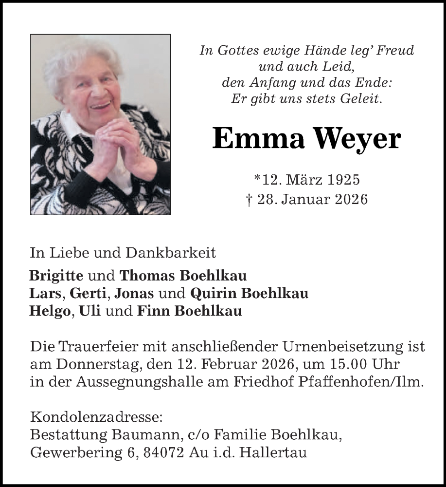  Traueranzeige für Emma Weyer vom 07.02.2026 aus Rhein-Lahn-Zeitung