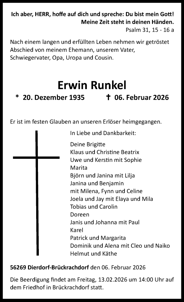  Traueranzeige für Erwin Runkel vom 10.02.2026 aus Rhein-Zeitung