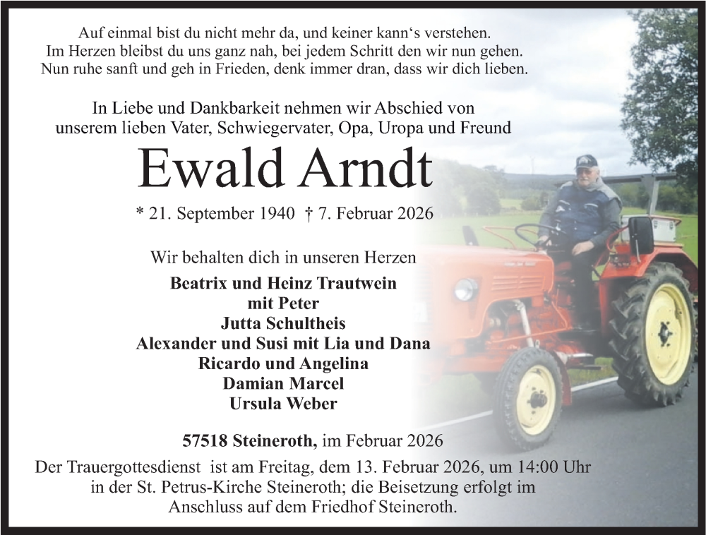  Traueranzeige für Ewald Arndt vom 10.02.2026 aus Rhein-Zeitung