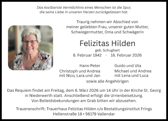 Traueranzeige von Felizitas Hilden von Rhein-Zeitung, Westerwälder Zeitung