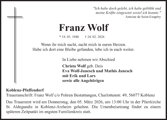 Traueranzeige von Franz Wolf von Rhein-Zeitung