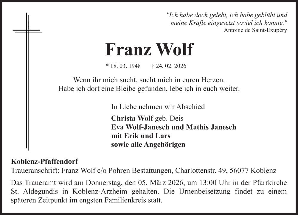  Traueranzeige für Franz Wolf vom 28.02.2026 aus Rhein-Zeitung
