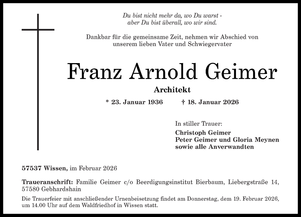  Traueranzeige für Franz Arnold Geimer vom 10.02.2026 aus Rhein-Zeitung