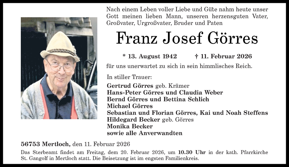  Traueranzeige für Franz Josef Görres vom 14.02.2026 aus Rhein-Zeitung
