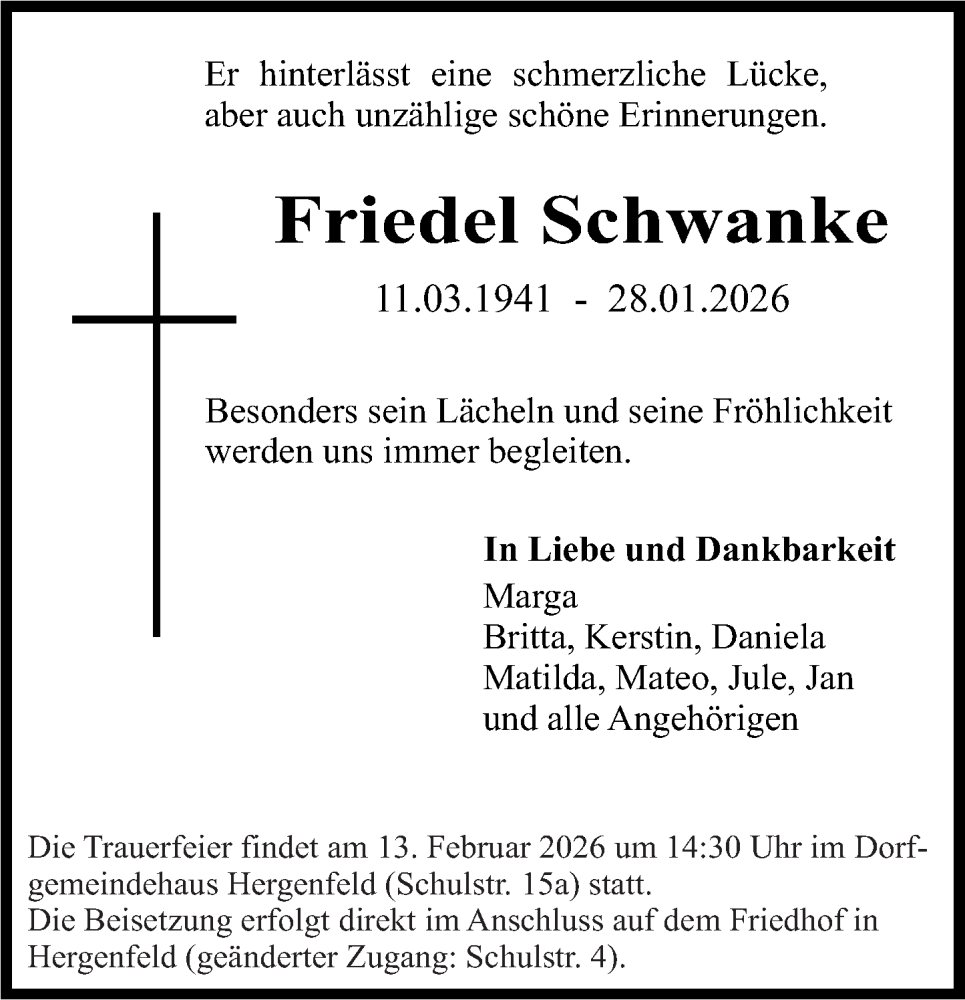  Traueranzeige für Friedel Schwanke vom 04.02.2026 aus Oeffentlicher Anzeiger