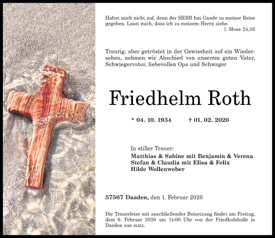 Traueranzeige von Friedhelm Roth von Rhein-Zeitung