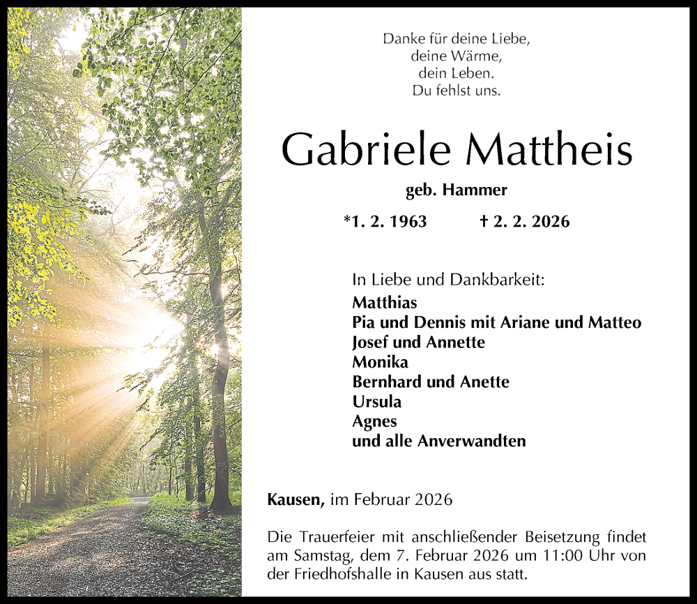 Traueranzeige für Gabriele Mattheis vom 04.02.2026 aus Rhein-Zeitung
