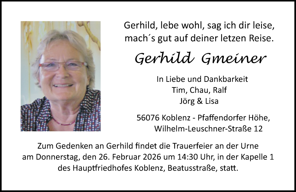  Traueranzeige für Gerhild Gmeiner vom 21.02.2026 aus Rhein-Zeitung