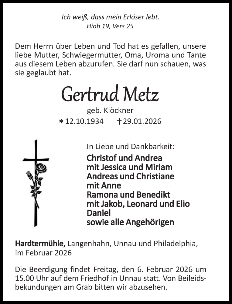 Traueranzeige für Gertrud Metz vom 04.02.2026 aus Westerwälder Zeitung