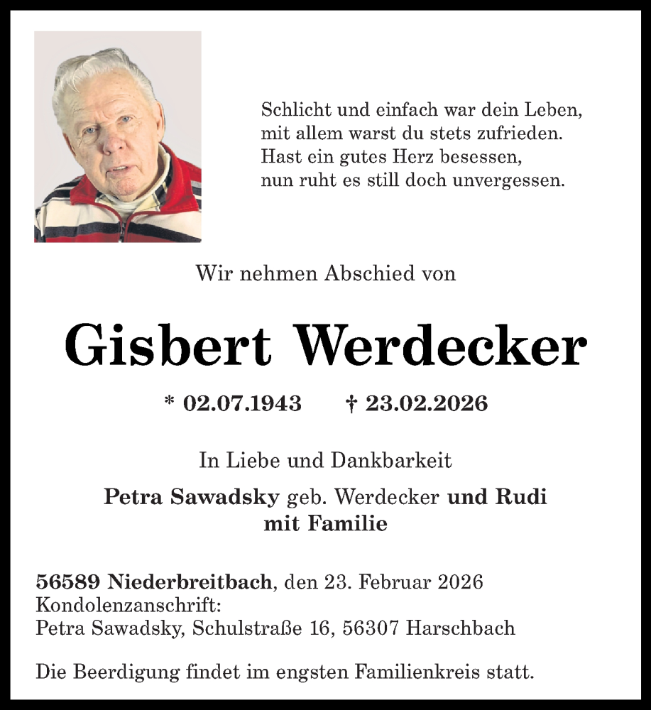  Traueranzeige für Gisbert Werdecker vom 28.02.2026 aus Rhein-Zeitung