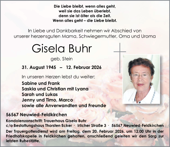 Traueranzeige von Gisela Buhr von Rhein-Zeitung