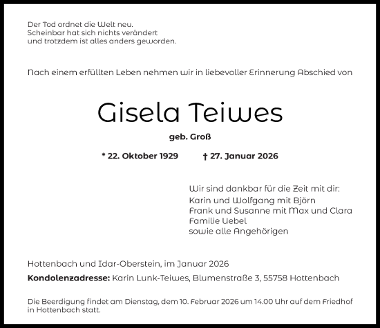 Traueranzeige von Gisela Teiwes von Nahe-Zeitung