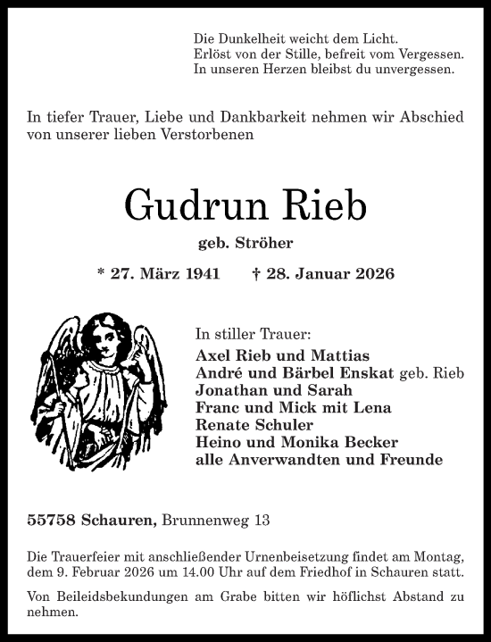Traueranzeige von Gudrun Rieb von Nahe-Zeitung