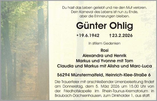 Traueranzeige von Günter Ohlig von Rhein-Zeitung