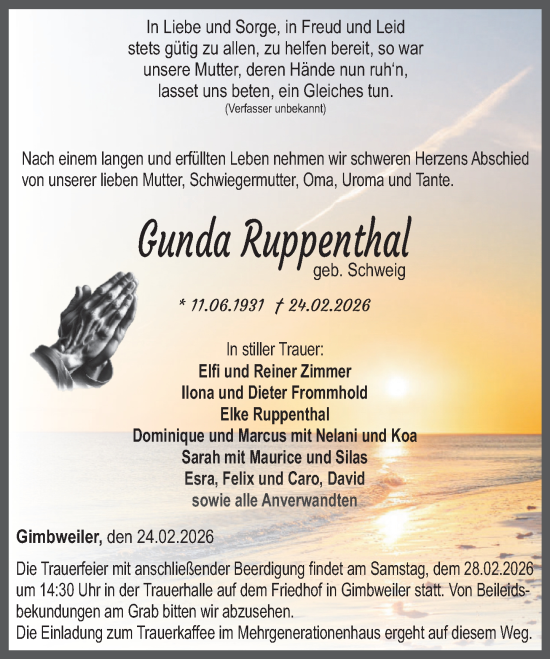 Traueranzeige von Gunda Ruppenthal von Nahe-Zeitung