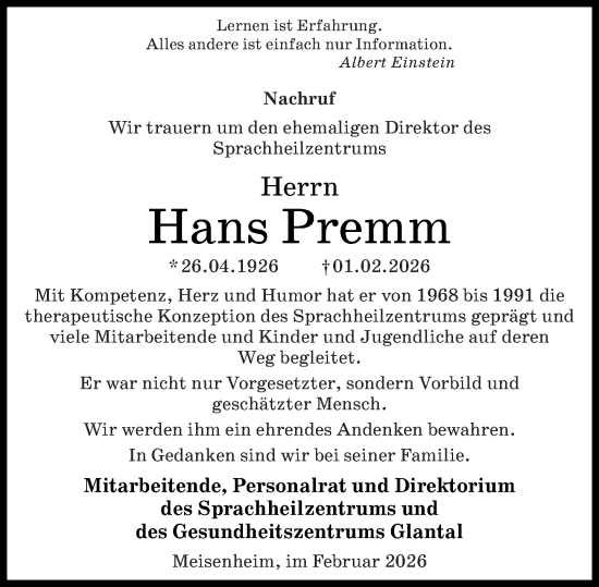Traueranzeige von Hans Premm von Oeffentlicher Anzeiger