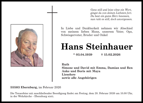 Traueranzeige von Hans Steinhauer von Oeffentlicher Anzeiger