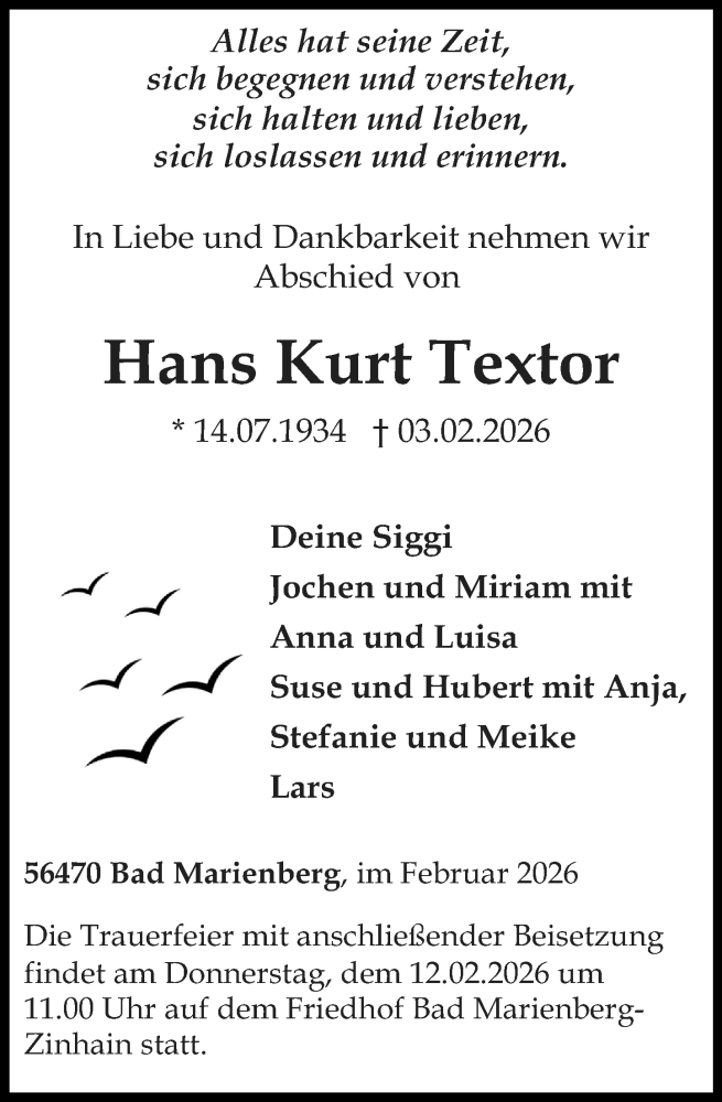  Traueranzeige für Hans Kurt Textor vom 07.02.2026 aus Westerwälder Zeitung
