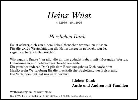 Traueranzeige von Heinz Wüst von Westerwälder Zeitung