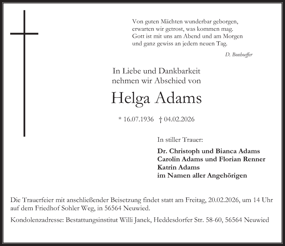  Traueranzeige für Helga Adams vom 07.02.2026 aus Rhein-Zeitung
