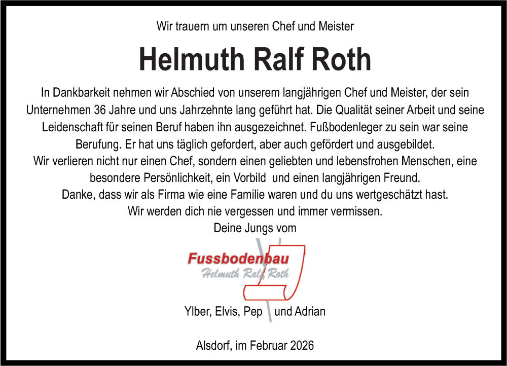  Traueranzeige für Helmuth Ralf Roth vom 10.02.2026 aus Rhein-Zeitung