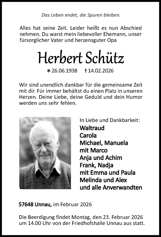 Traueranzeige von Herbert Schütz von Westerwälder Zeitung