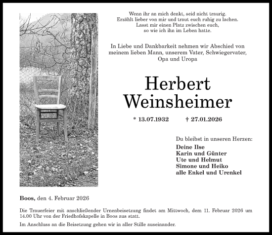 Traueranzeige von Herbert Weinsheimer von Oeffentlicher Anzeiger