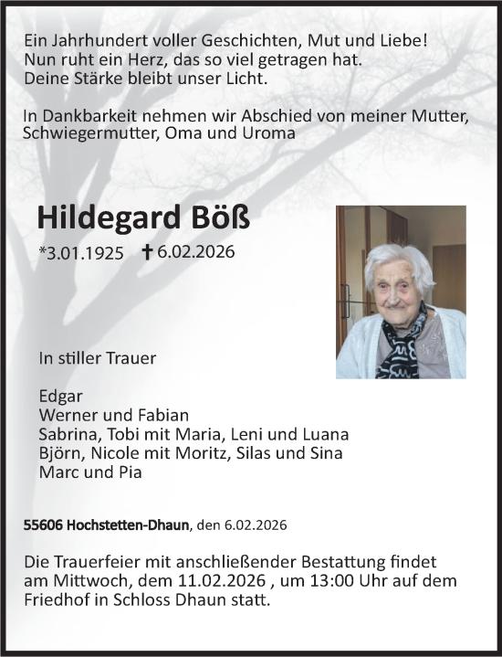 Traueranzeige von Hildegard Böß von Oeffentlicher Anzeiger, Rhein-Hunsrück-Zeitung