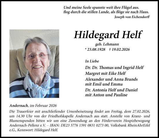 Traueranzeige von Hildegard Helf von Rhein-Zeitung