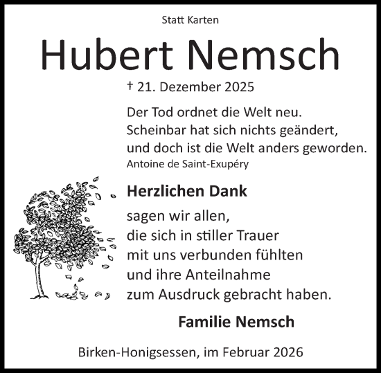 Traueranzeige von Hubert Nemsch von Rhein-Zeitung