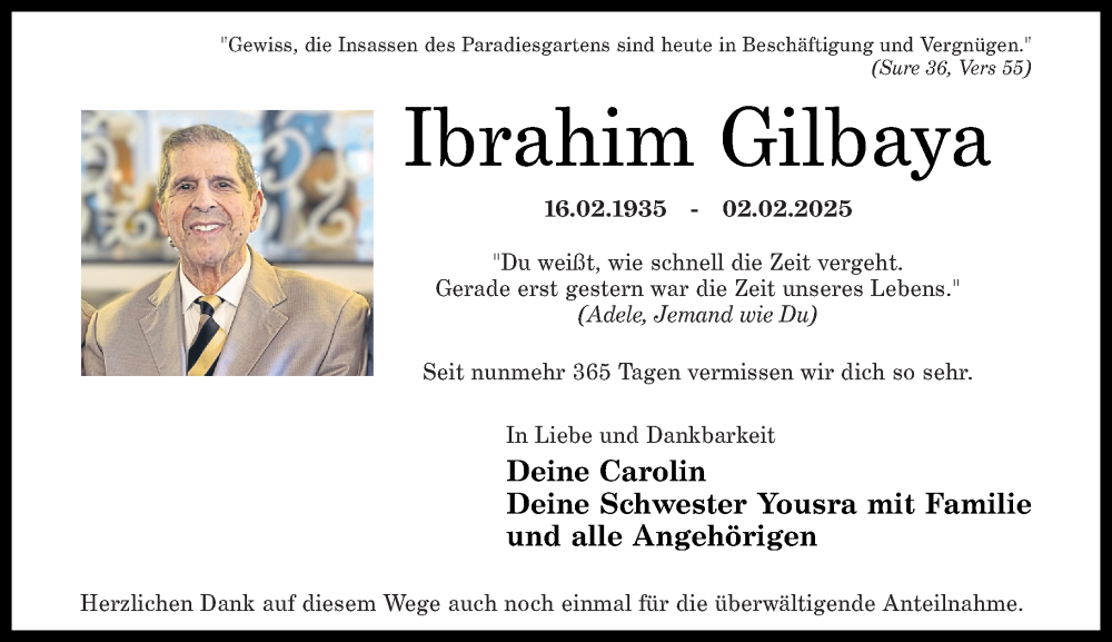  Traueranzeige für Ibrahim Gilbaya vom 02.02.2026 aus Rhein-Zeitung