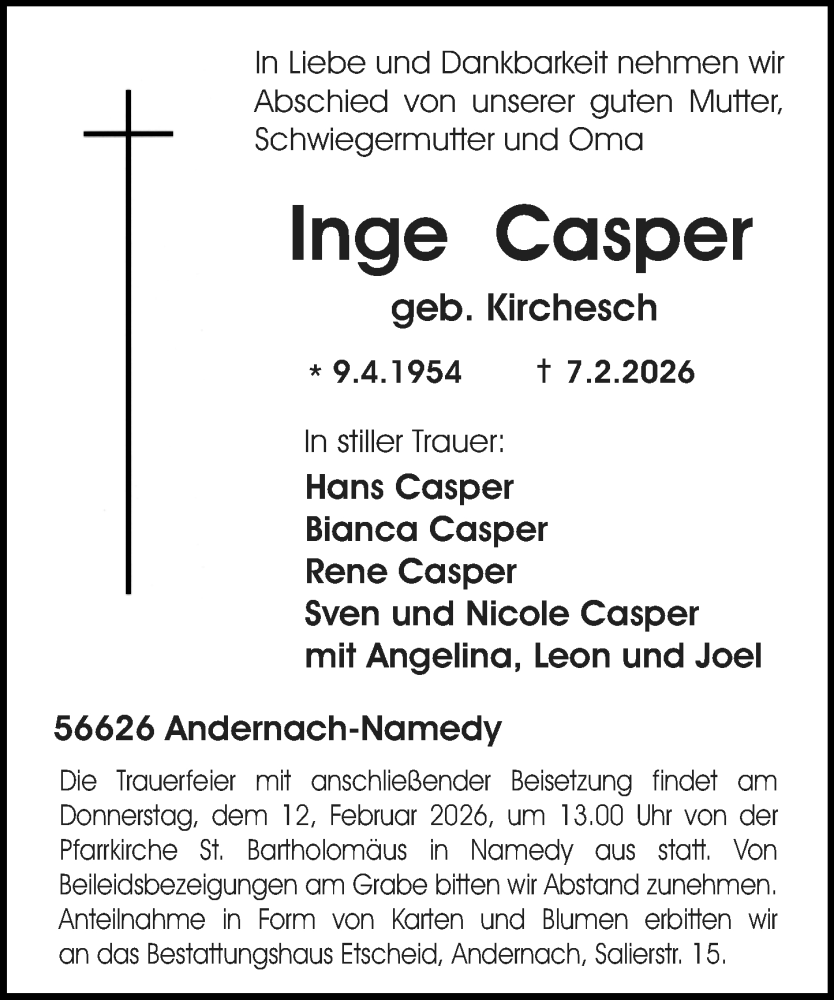 Traueranzeige für Inge Casper vom 11.02.2026 aus Rhein-Zeitung