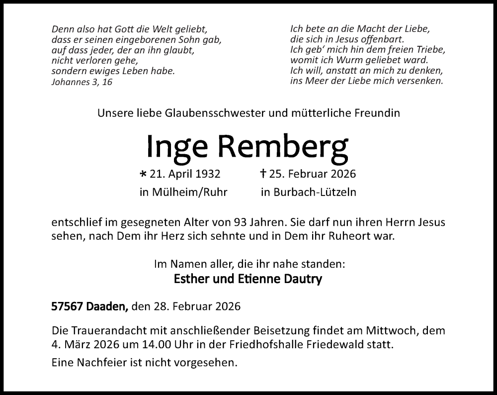  Traueranzeige für Inge Remberg vom 28.02.2026 aus Westerwälder Zeitung, Rhein-Zeitung