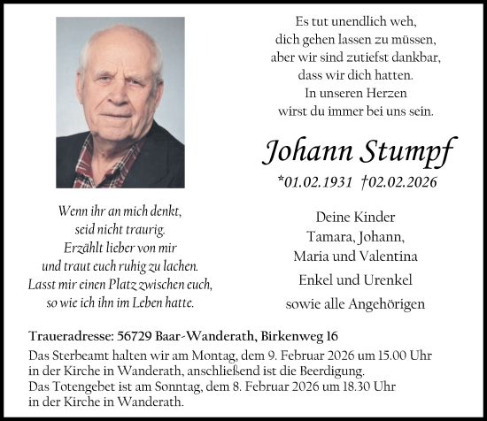 Traueranzeige von Johann Stumpf von Rhein-Zeitung