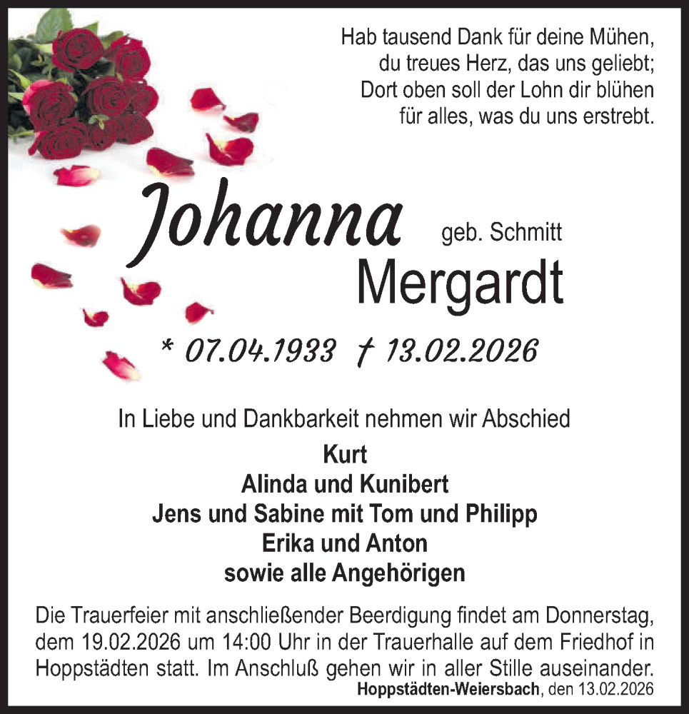  Traueranzeige für Johanna Mergardt vom 17.02.2026 aus Nahe-Zeitung