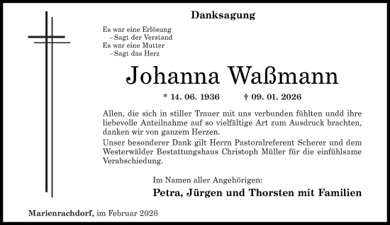 Traueranzeige von Johanna Waßmann von Westerwälder Zeitung