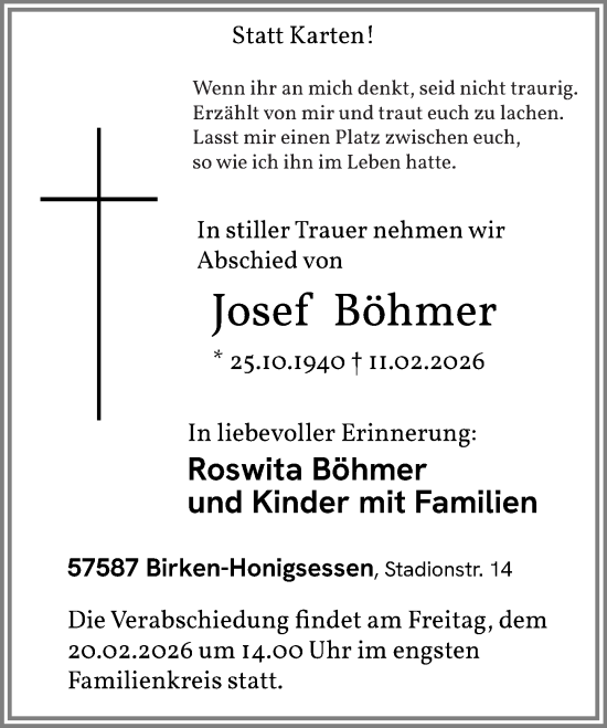Traueranzeige von Josef Böhmer von Rhein-Zeitung