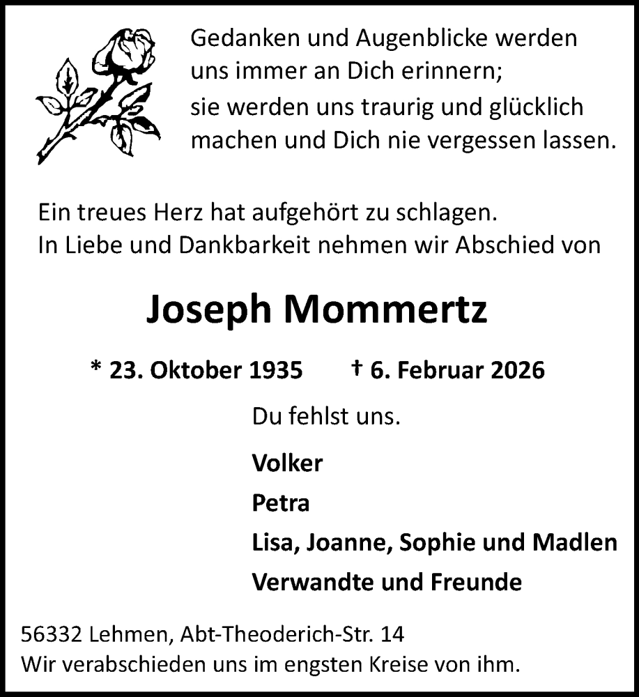  Traueranzeige für Joseph Mommertz vom 11.02.2026 aus Rhein-Zeitung