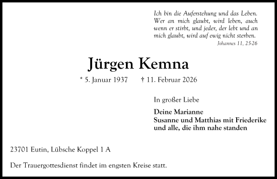 Traueranzeige von Jürgen Kemna von Rhein-Zeitung