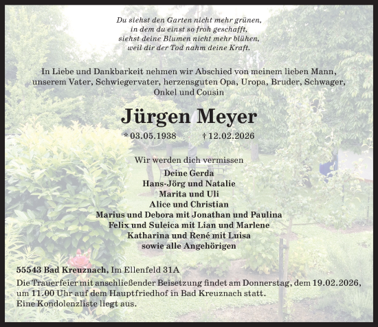 Traueranzeige von Jürgen Meyer von Oeffentlicher Anzeiger